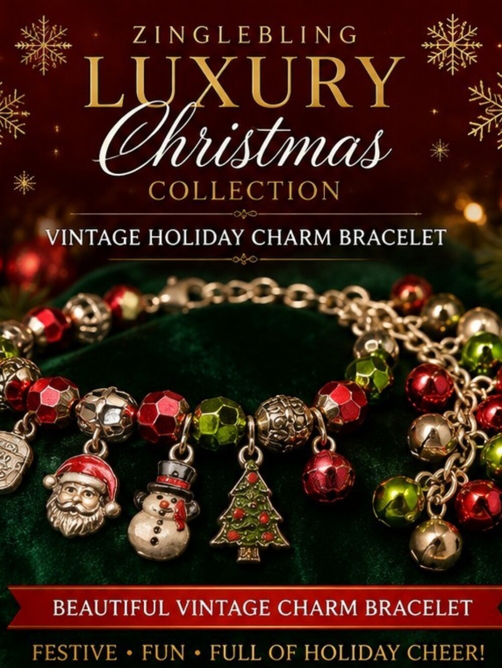 Vintage Christmas Charm Bracelet Santa Snowman Tree Jingle Bells Red Green